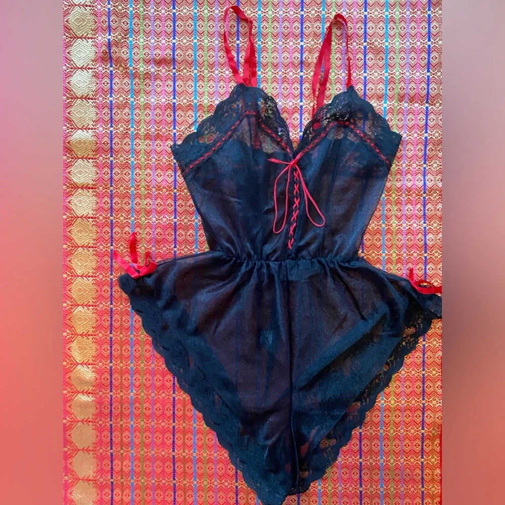 vintage black red sheer high waist one piece M goth rock n roll rocker